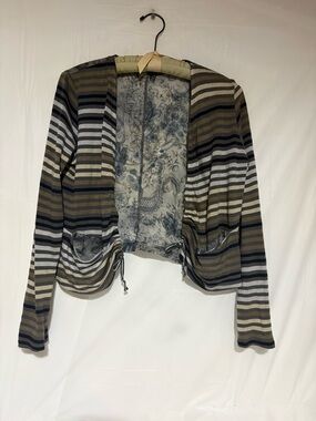 Striped Open-Front Cardigan with Drawstring Hem - Olive, Black & Gray